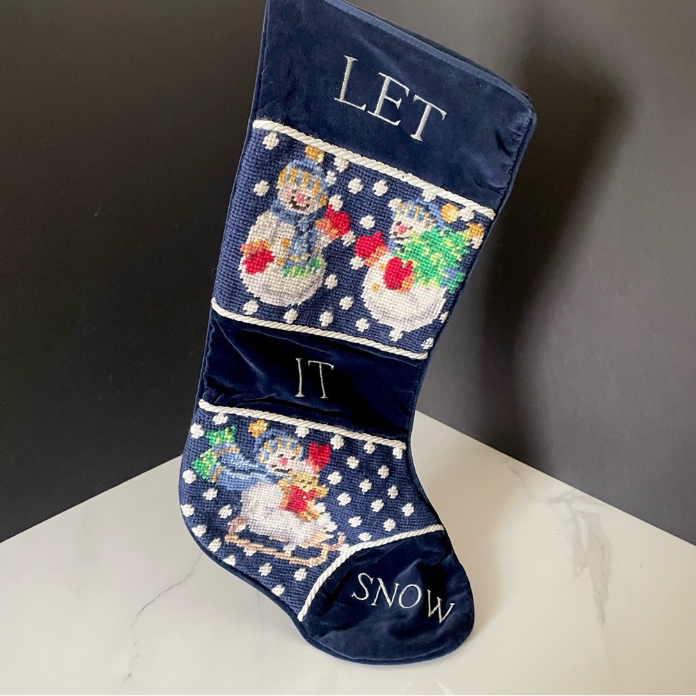 Let It Snow Blue Snowman Needlepoint Stocking
